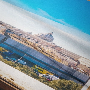 Close-up of tapestry fabric showing texture and St. Peter's Basilica landscape print