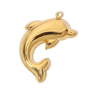 Detailed close-up of a polished gold dolphin pendant made of durable stainless steel