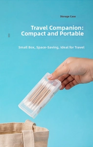 Portable transparent storage box for cotton swabs being placed into a canvas travel bag