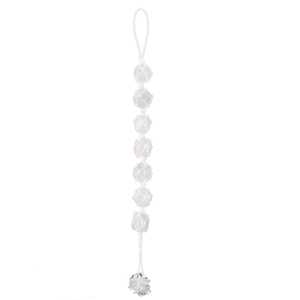 Detail of handmade macrame hanger featuring seven raw white natural crystal stones
