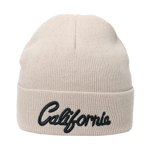 Oatmeal knit beanie with California black embroidery on a cuffed minimalist design