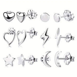 6 pairs of silver stainless steel studs featuring heart, moon, star, and lightning shapes