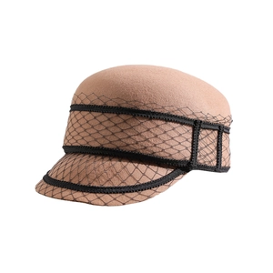Elegant camel wool felt newsboy cap for women featuring black mesh veil for autumn winter
