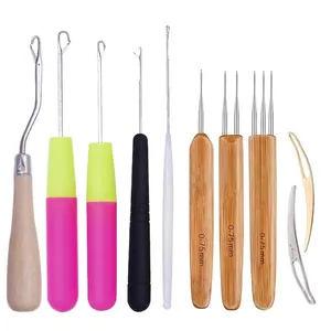 Bamboo handle dreadlock crochet hook set with 0.75mm needles for hair extensions