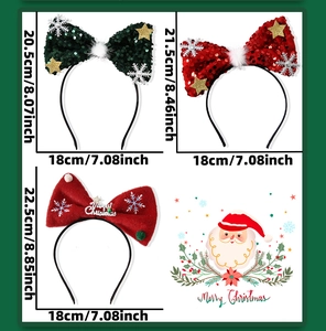 Close-up of sparkling Christmas bow headbands with snowflake patterns and size measurements