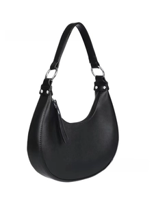 Detail view of black leather hobo bag with silver ring hardware and long tassel zipper pull
