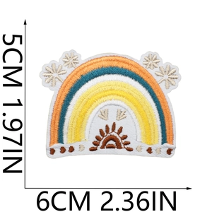 Detailed view of rainbow sun embroidery patch with 5x6cm size dimensions and stitching