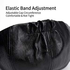 Black PU leather newsboy cap featuring an adjustable elastic band for custom fit