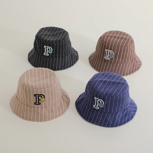 Kids Bucket Hat Stripe Pattern Woolen Blend Windproof Chin Strap Letter P Embroidery Warm Winter Sun Basin Cap