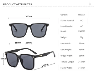 Detailed dimension guide for black square frame sunglasses with PC frame and AC lenses