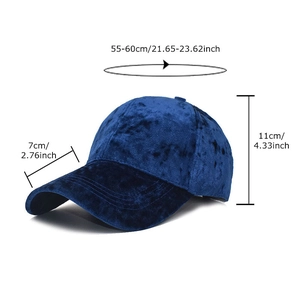 Navy blue velvet baseball cap with adjustable strap and dimensions for men and women