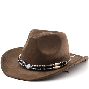 Western Cowboy Hat Wide Brim Faux Suede Retro Bohemian Style Ethnic Beaded Band Metal Buckle Men Women Fedora