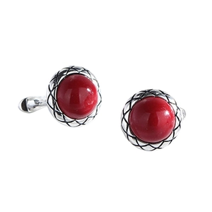 S925 sterling silver vintage button stud earrings with red gems and woven texture