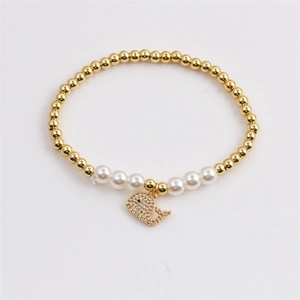 Beaded Bracelet Golden Copper Beads White Imitation Artificial Pearl Zircon Whale Charm Elastic Fashion For Women