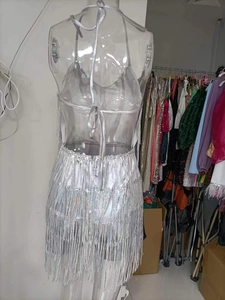 Detail of silver sequined fringe dress showing shiny metallic tassels and glittery texture