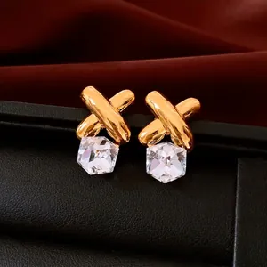 Vintage golden X-shape geometric earrings with faceted clear crystal drops for women