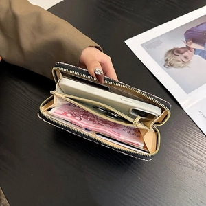 Large capacity black long wallet with gold zipper and multi-layer phone compartment