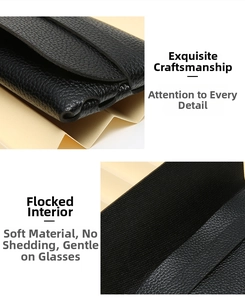 Close-up of black pebble leather glasses case with soft flocking lining and precise stitching