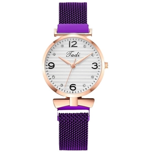 Women's quartz watch with purple mesh strap, rose gold case and rhinestone dial