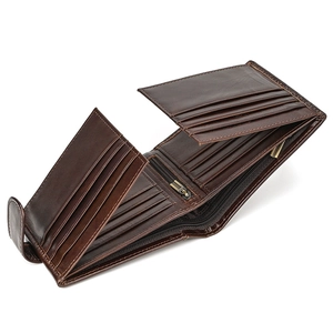 Detail view of leather wallet interior with card slots, bill compartment and zip pocket