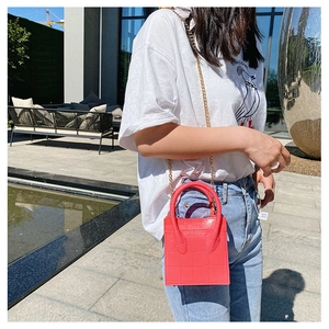 Red crocodile texture mini square bag with golden chain strap shown in outdoor setting