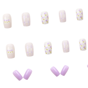 Lilac floral and plaid press-on nails set with lace patterns in short square shape