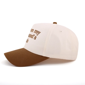 Close-up of contrast-colored baseball cap with embroidered text and stitched eyelets