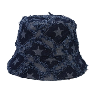 Distressed denim bucket hat with star pattern and frayed edges in dark blue wash