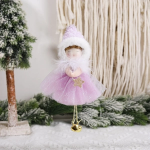 Pink plush Christmas angel pendant with knit hat, mesh skirt and golden bells