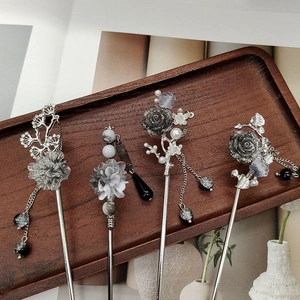 Set of four vintage ink wash flower hairpins with silver alloy petals and pearl tassels