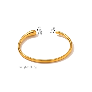 Detailed view of 18k gold stainless steel open bangle with water drop ends and dimensions