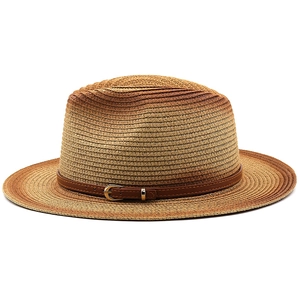 Macro detail of gradient straw weaving and faux leather band on a vintage fedora hat