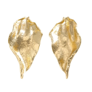 Fashionable gold irregular leaf-shaped metal earrings with textured hammered finish