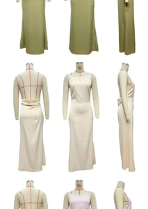 Detail view of satin fishtail dresses showing open back design and silk texture in multiple colors