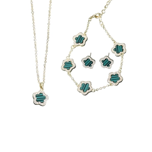 Three-piece gold jewelry set with green malachite-pattern five-petal flower and zircons