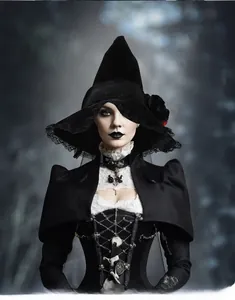 Detailed shot of Gothic witch costume with velvet hat and black lace silhouette shawl