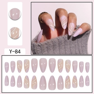 Long almond lavender press on nails with white wave lines minimalist manicure kit
