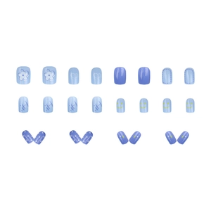 Cute light blue cartoon floral press-on nails with smileys and heart patterns