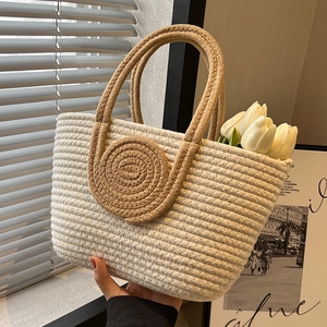 Contrast woven cotton tote bag in beige and brown with spiral pattern for casual style