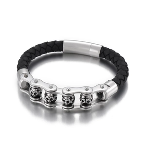 Bracelet punk pour homme en cuir tressé avec motif de crâne mécanique en argent