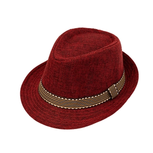 Deep red linen fedora for kids with striped band and white stitching, outdoor sun hat