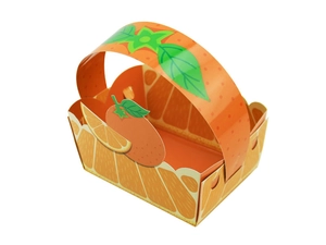 Detail of a bright orange fruit-themed gift box with citrus prints and handle
