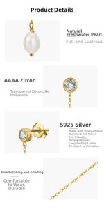 Detailed macro view of S925 silver earring parts with polished pearls and AAAA zircons
