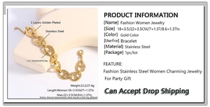 Detailed view of 18K gold plated stainless steel piggy nose link bracelet with sizing info