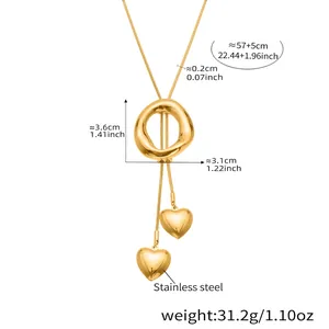 Detail of golden heart pendant necklace with dimensions and stainless steel material spec