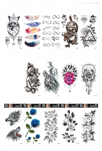 Detailed catalog of waterproof temporary tattoos with wolf and dragon motifs, size 208x95mm