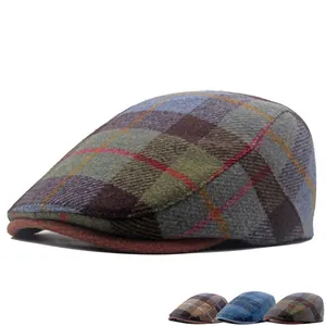 Classic British wool blend plaid ivy cap with leather trim and various color options