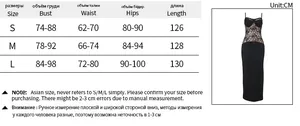Detailed size chart for lace slip bodycon dress with S M L measurements in cm