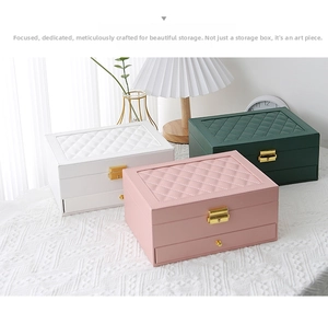 Detailed view of the double-layer leather jewelry box with locks in three colors