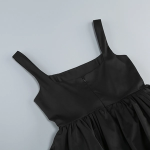 Detail of square neckline and back invisible zipper on black puff sleeve party dress